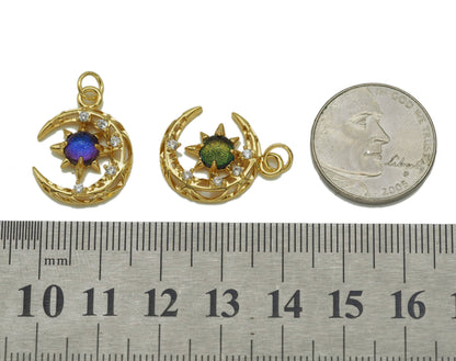 Gold CZ Colorful Star On Cresent Moon Charm, Sku#Y704