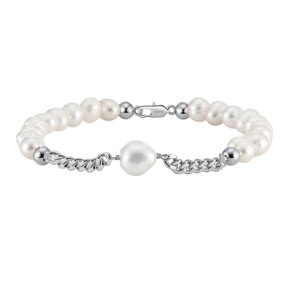 925 Sterling Silver Elegant Pearl and Sterling  Chain Bracelet with Teardrop Accent