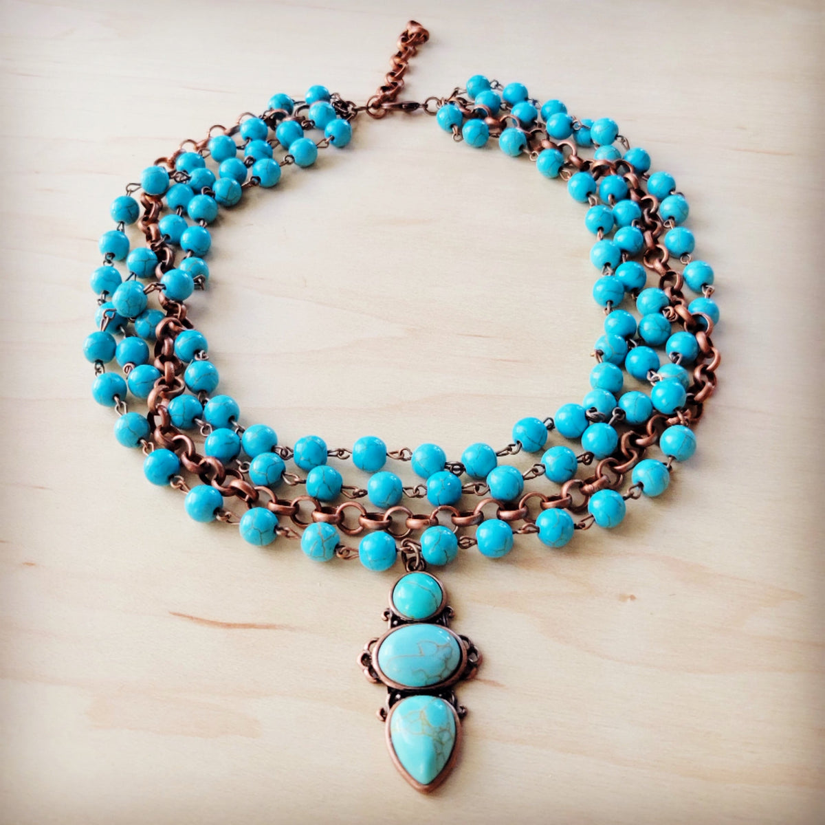 Triple Strand Turquoise & Copper Collar Necklace w/ Droplet Pendant 257lm