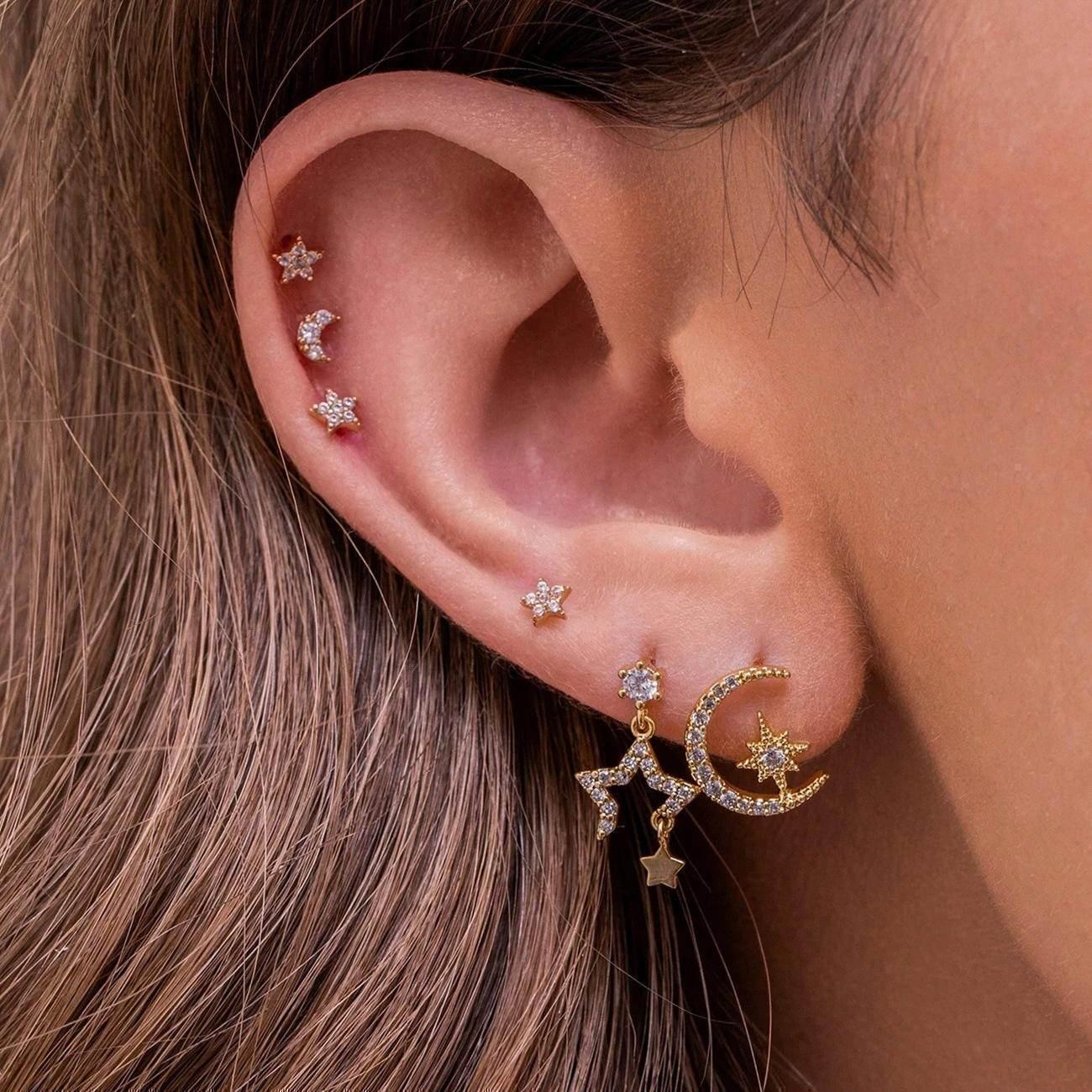 Stacking 6 Pieces Radiant Hoop Layers Earring Set, 18k Gold Stud Hoop, S925 Needle, Stacked Lobe Designs with Dazzling Zirconia