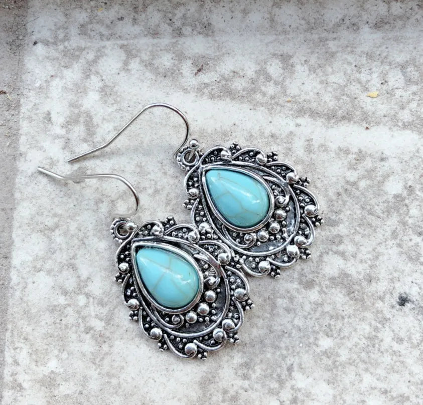 Turquoise Alloy Teardrop Dangle Earrings Bumpkin Ranchwear