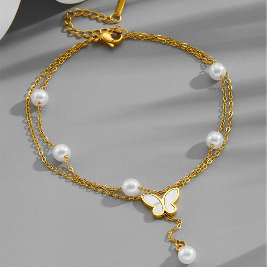 18K Gold Light Luxury Multi-layer Stacked Pearl Butterfly Tassel Anklet