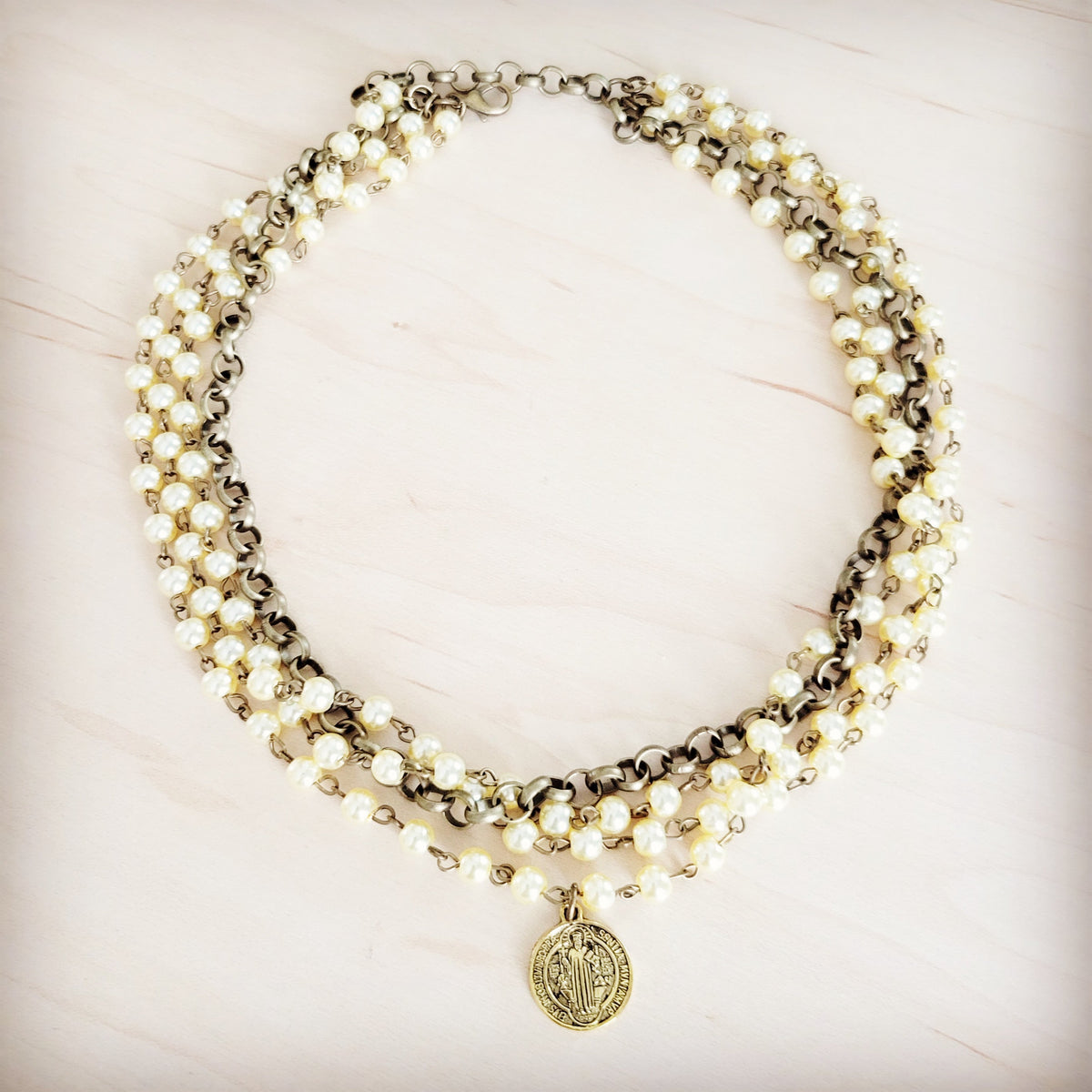 Champagne Pearl Beaded Collar Necklace w/ Pendant 263x
