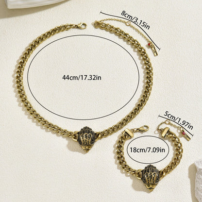 Vintage European American Women Jewelry Set, Eagle Head Inlaid Cubic Zirconia Necklace & Bracelet, Trendy High-end Matching Accessories