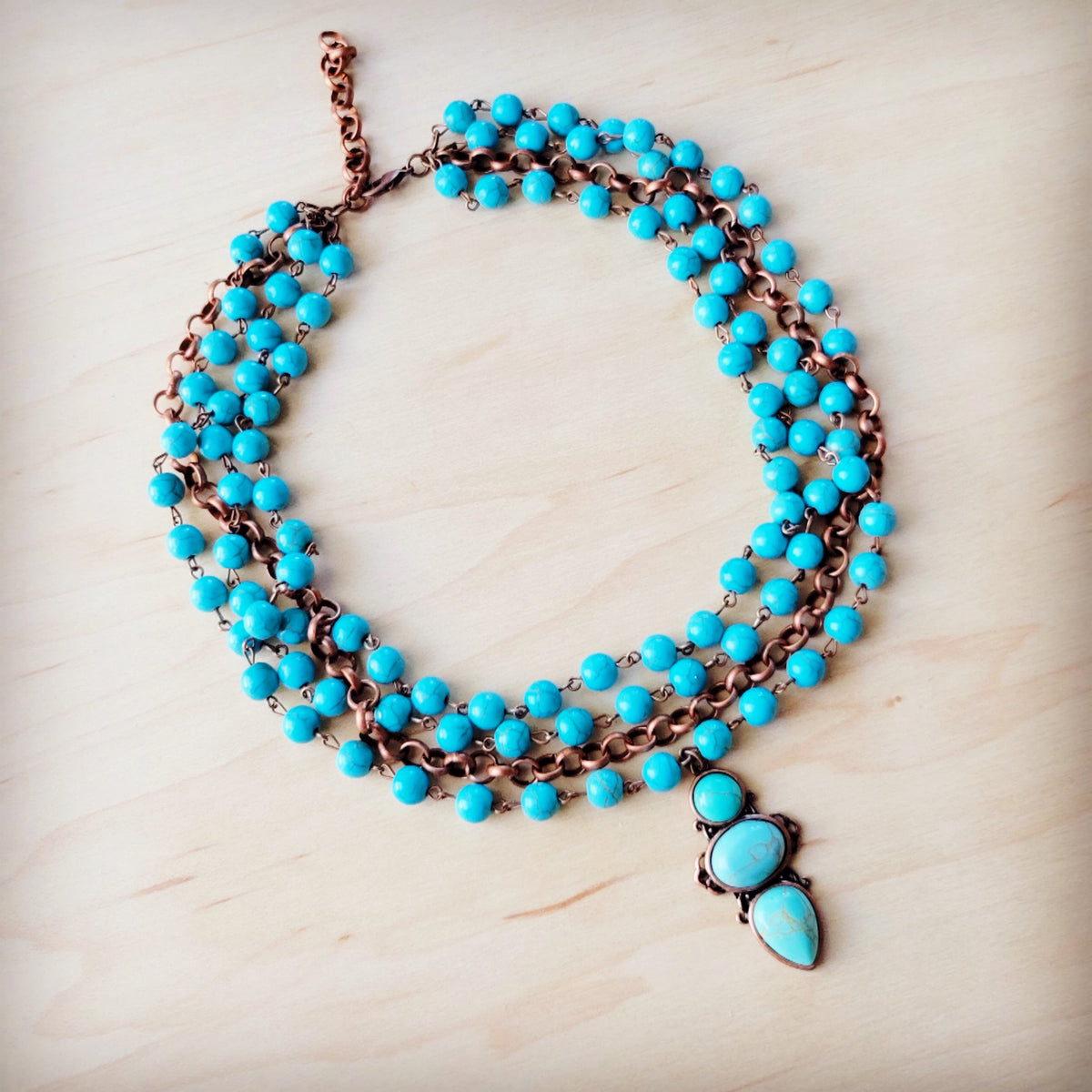 Triple Strand Turquoise & Copper Collar Necklace w/ Droplet Pendant 257lm