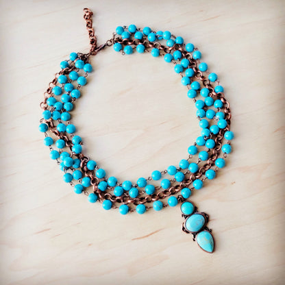 Triple Strand Turquoise & Copper Collar Necklace w/ Droplet Pendant 257lm