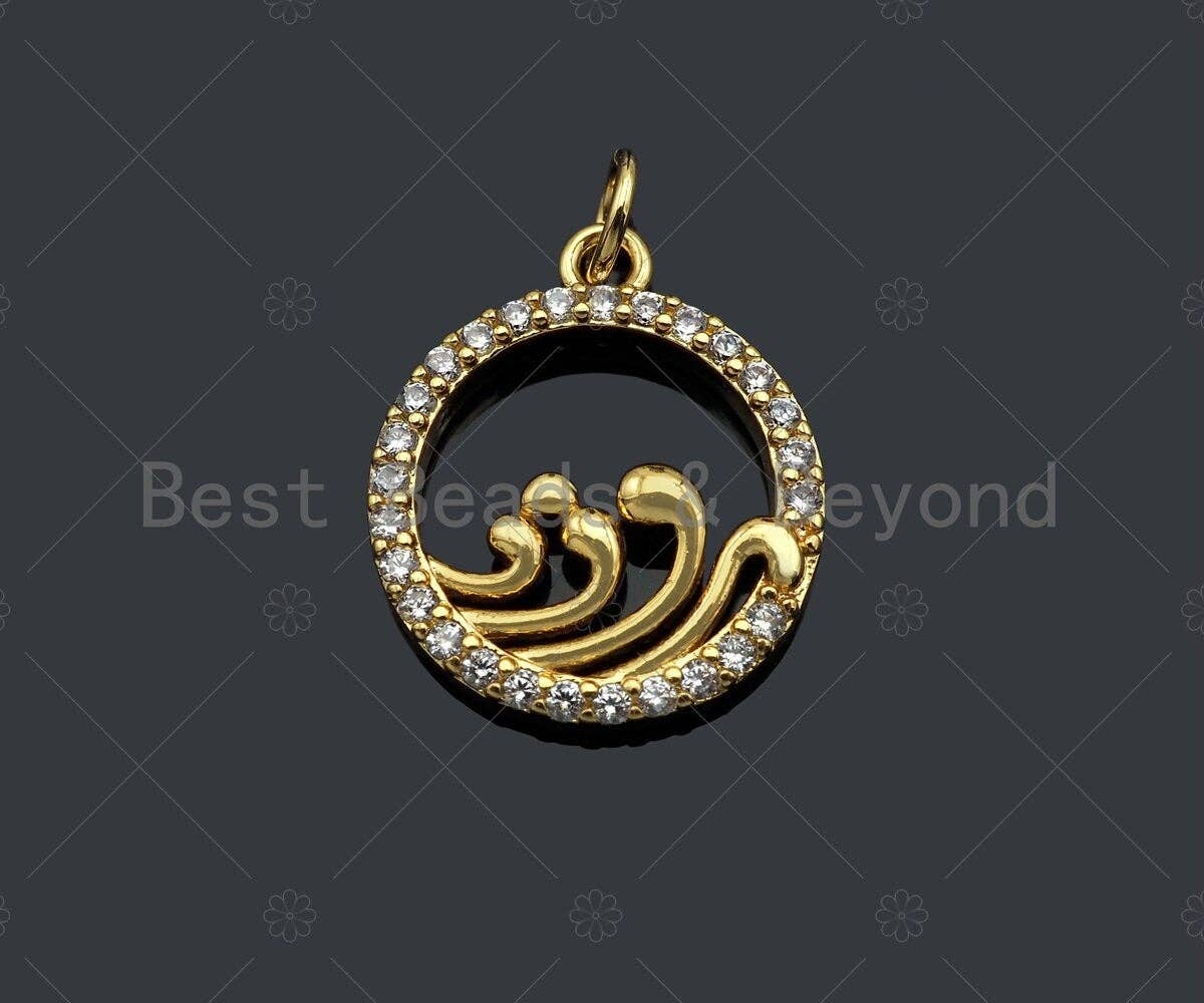 CZ Micro Pave Spindrift On Round Ring Pendant/Charm,Cubic Zirconia Water Wave Charm, Necklace Bracelet Charm Pendant,13x14mm, Sku#Y397