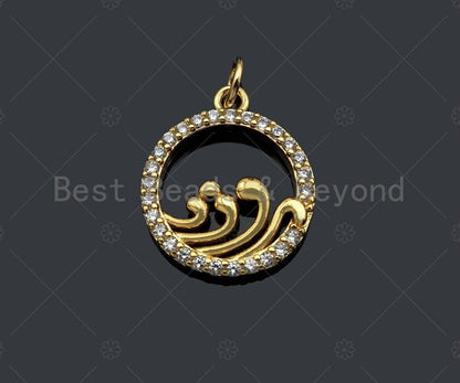 CZ Micro Pave Spindrift On Round Ring Pendant/Charm,Cubic Zirconia Water Wave Charm, Necklace Bracelet Charm Pendant,13x14mm, Sku#Y397