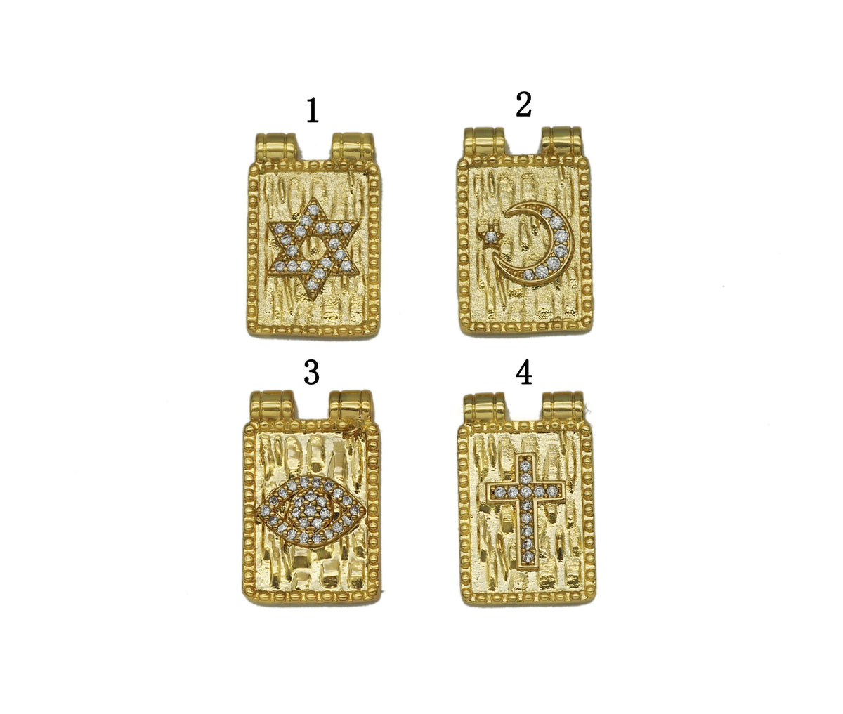 CZ North Star Cresent Moon Evil Eye Cross On Rectangle Charm, Sku#Y685