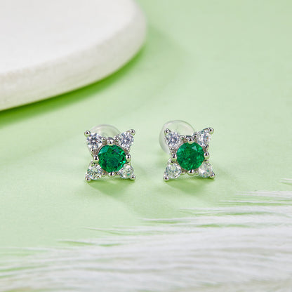 S925 Sterling Silver Star Flower Stud Earrings, 3.5mm Lab-Grown Emerald, Platinum Plated 1g Women's Lightweight Jewelry Gift Box