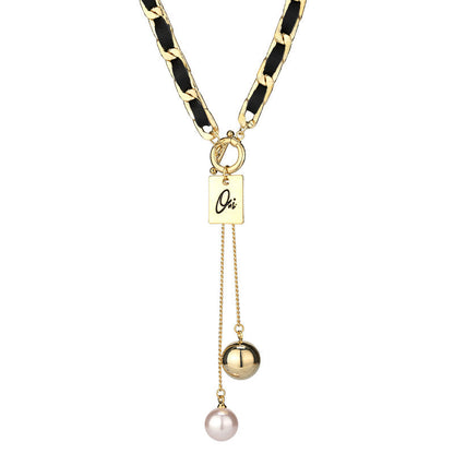 PU Leather Metal Chain Choker Necklace For Women, Titanium Steel Square Tag Pearl Tassel Short Collarbone Chain, Dainty Retro Fashion Jewelry