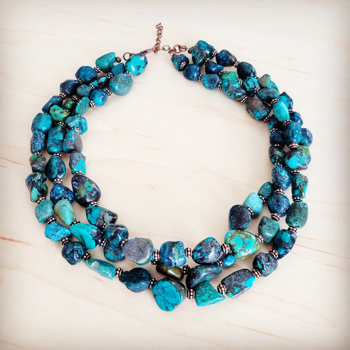 Large Triple Strand Natural Turquoise & Copper Collar Necklace 252y