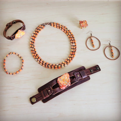 Genuine Regalite and Copper Stretch Beaded Bracelet Orange 812i