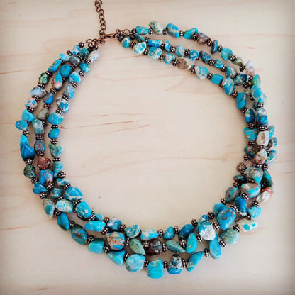 Triple Strand Genuine Regalite Beaded Collar Necklace with copper 263n