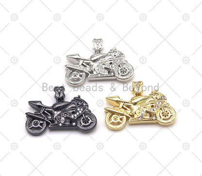 CZ Micro Pave Motorcycle Shape Pendant, Silver/Gold/Black Motorcycle Charm, Necklace Bracelet Charm Pendant,Sku#Y553