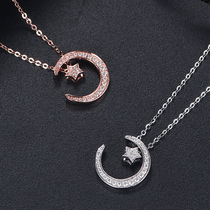 S925 Sterling Silver Star & Moon Necklace, D-VVS1 Moissanite Pave Pendant, Platinum Plated 38&41cm Chain, 1.6g Jewelry Gift Box With GRA Certificate