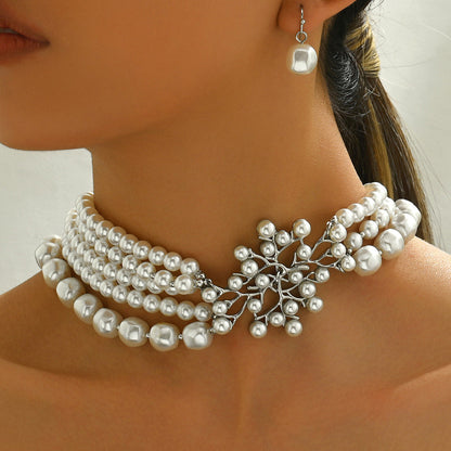 Stylish European American Geometric Women Jewelry Set, Unique Design With Strung Faux Pearls, Versatile Elegant Matching Necklace And Stud Earrings For Daily Wear