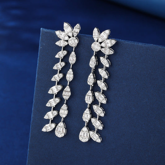 Floral Design, Fully Encrusted With Diamonds, Double Chain Leaf Earrings