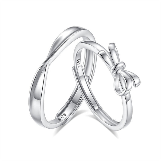 S925 Silver Heart Knot Entangled Couple Bowknot Open Ring