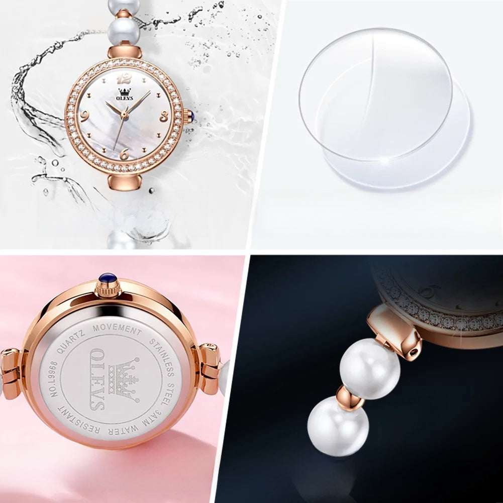 Women's Pearl Bracelet Watch Rose Gold Crystal Bezel