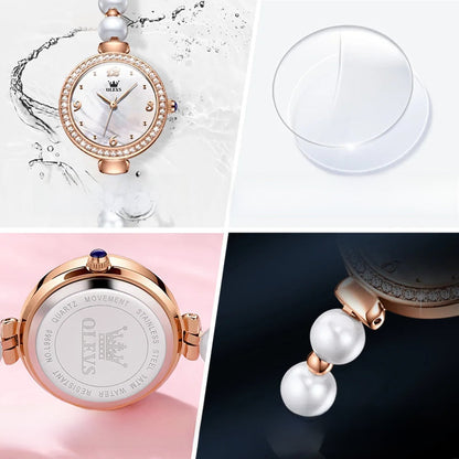 Women's Pearl Bracelet Watch Rose Gold Crystal Bezel