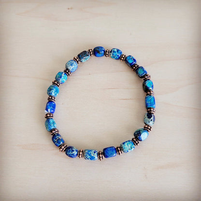 Genuine Regalite and Copper Stretch Beaded Bracelet Denim 812f