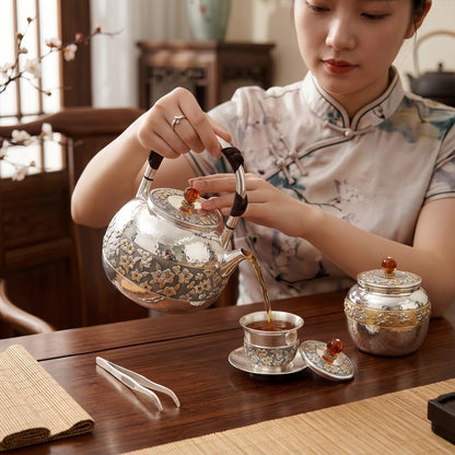 Pure 999 Fine Silver Elegant Hammered Silver Teapot with Intricate Floral Relief and Woven Handle - Handicraft