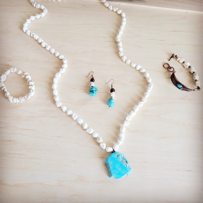 Long White Turquoise Beaded Necklace w/ Turquoise Pendant 263d