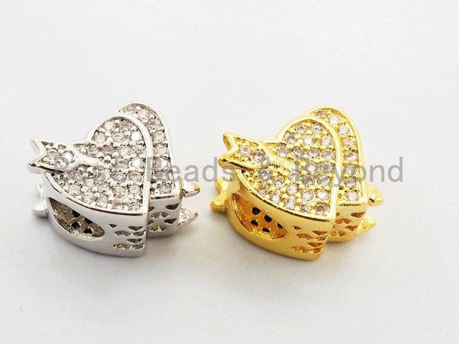 CZ Micro Pave Cupid Heart Big Hole Beads, Cubic Zirconia Heart Spacer Beads, Micro Pave Silver/Gold Heart Charms, 11x11x9mm,sku#Y123