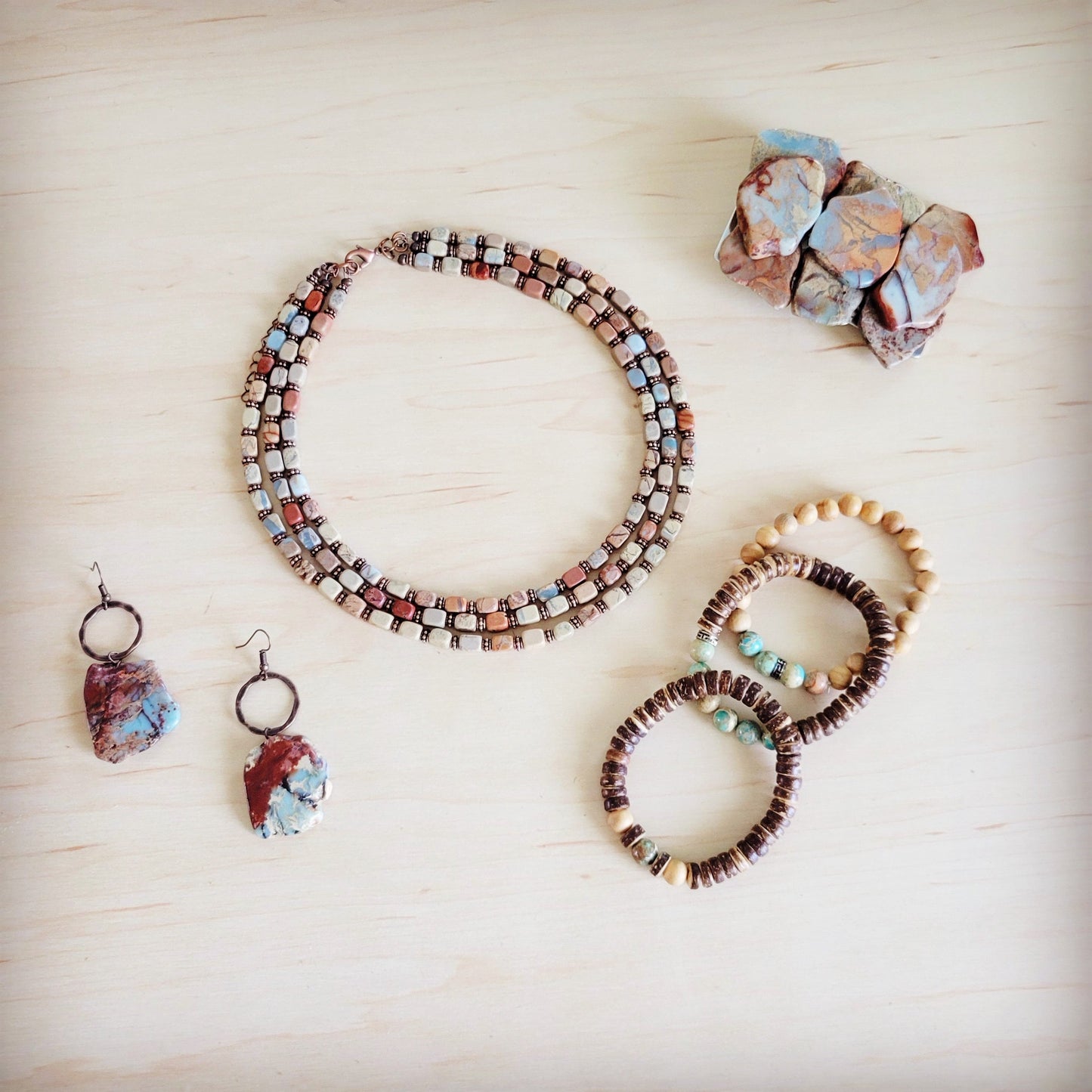Triple Strand Layered Boho Aqua Terra & Copper Necklace 264m