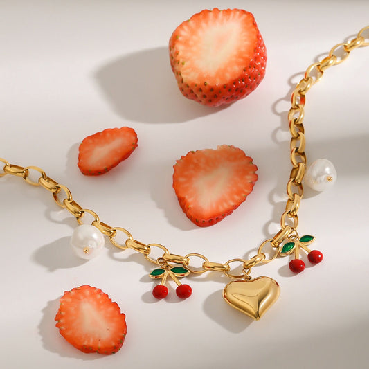 18K Gold Heart With Cherry Design Exquisite And Noble Necklace