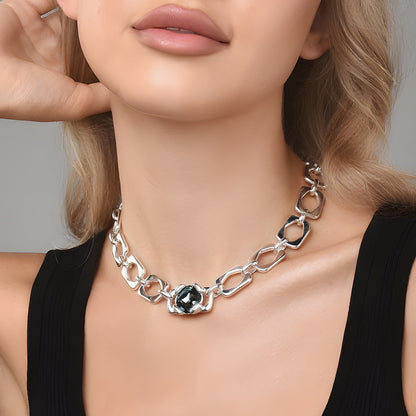 Thick Irregular Square Link Choker Necklace For Women, Smoky Grey Cubic Zirconia Chunky Silver Collarbone Chain, Cool European Spanish Fashion Jewelry