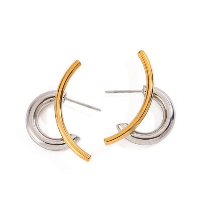 18K gold double C-shaped earrings with gold and silver color matching design, trendy and personalized