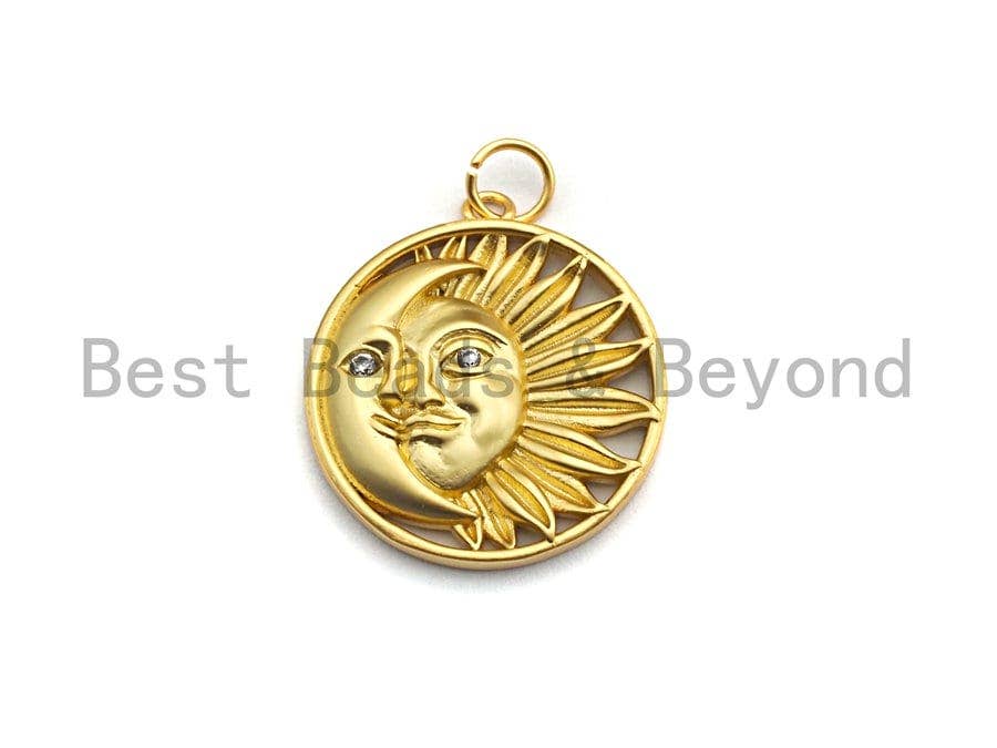 CZ Micro Pave Round With Moon And Sun Pendant/Charm, Indian Pattern Cubic Zirconia Pendant, Silver/Gold Tone,20x22mm,Sku#Y206