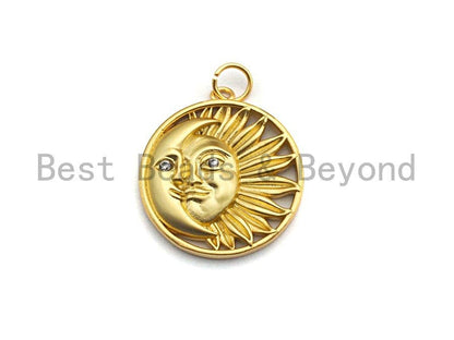 CZ Micro Pave Round With Moon And Sun Pendant/Charm, Indian Pattern Cubic Zirconia Pendant, Silver/Gold Tone,20x22mm,Sku#Y206