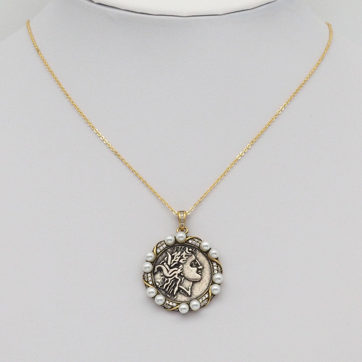 Double-Sided Antique Ancient Greek coin with White Pearl Charm, Sku#Y885