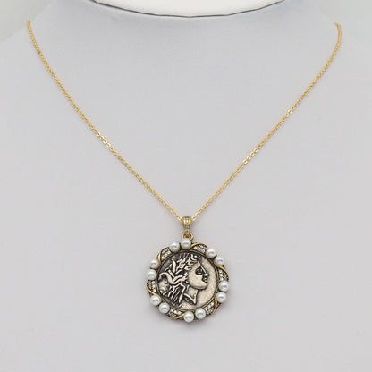 Double-Sided Antique Ancient Greek coin with White Pearl Charm, Sku#Y885