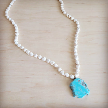 Long White Turquoise Beaded Necklace w/ Turquoise Pendant 263d