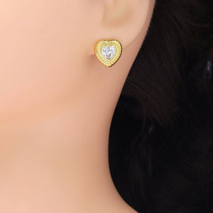 Gold Heart Clear CZ Stud Earrings, Sku#Y933