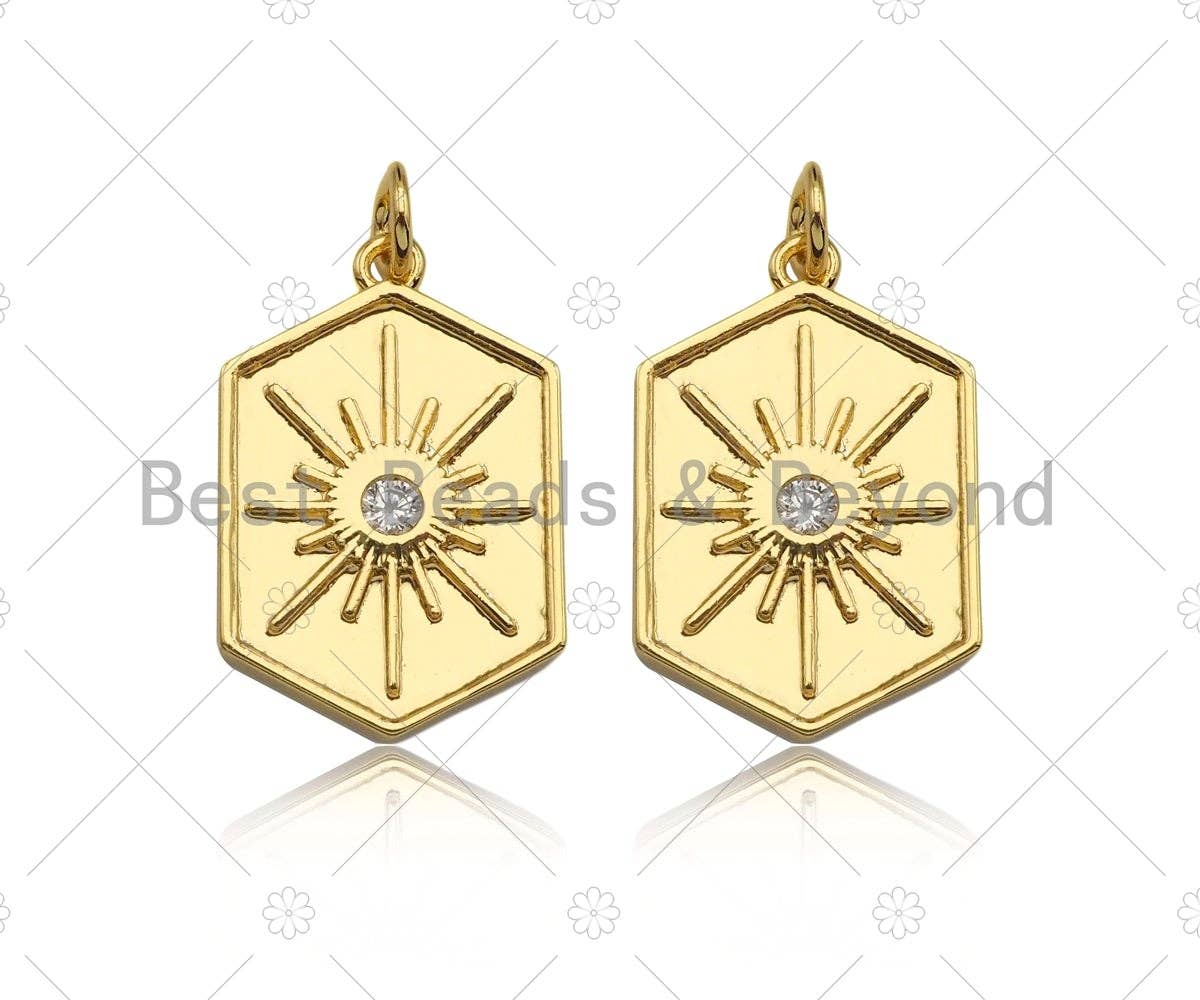 CZ Micro Pave Radial Star On Hexagon Shape Pendant, 18K Gold Medallion Charm, Necklace Bracelet Charm Pendant, 23x15mm,Sku#Y435