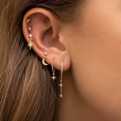 Stacking 6 Pieces Melody Charm Notes Earring Set, 18k Gold Hoop with Drops, S925 Needle, Stacked Lobe Designs with Dazzling Zirconia
