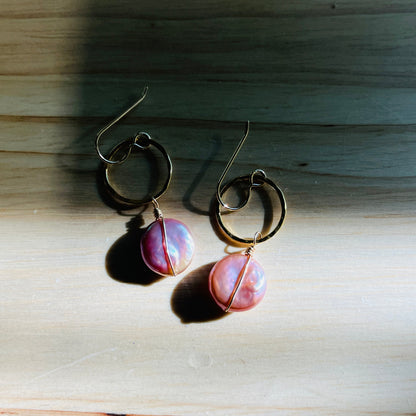 14k gold filled or sterling silver LAVENDER ORCHID COIN PEARL EARRINGS
