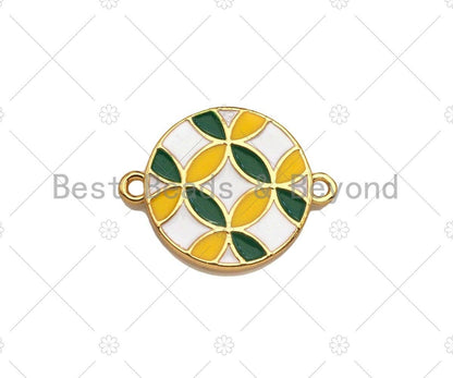 Enamel White Green Yellow Flower Pattern On Round Coin Connector,Colorful Enamel Gold Connector,Enamel Jewelry,20x15mm,Sku#Y421