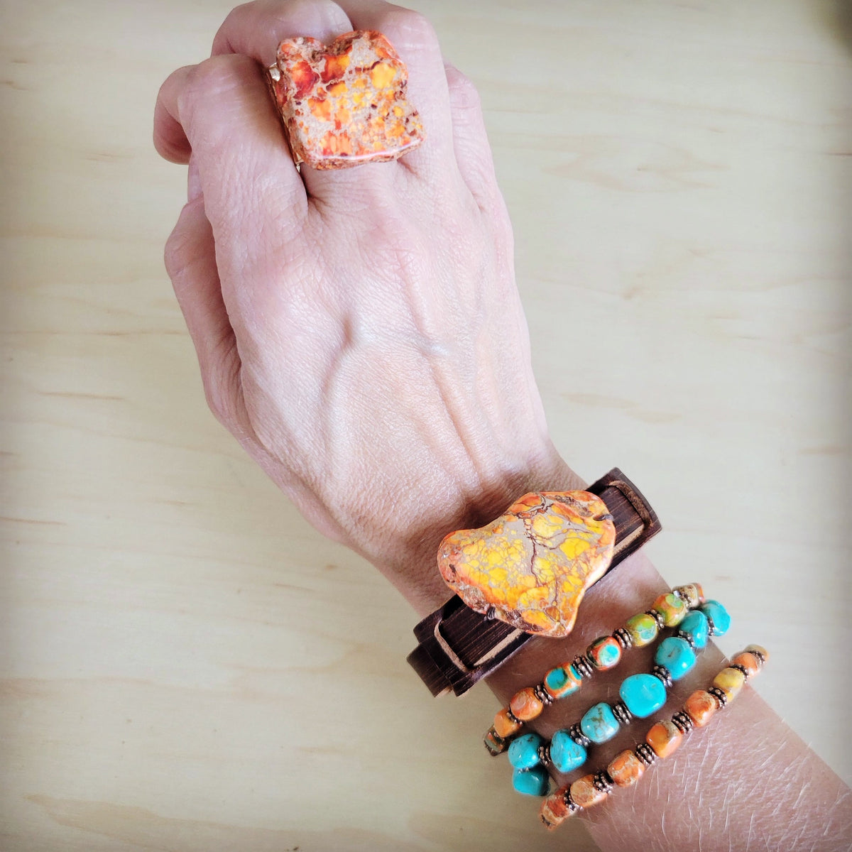 Genuine Regalite and Copper Stretch Beaded Bracelet Orange 812i