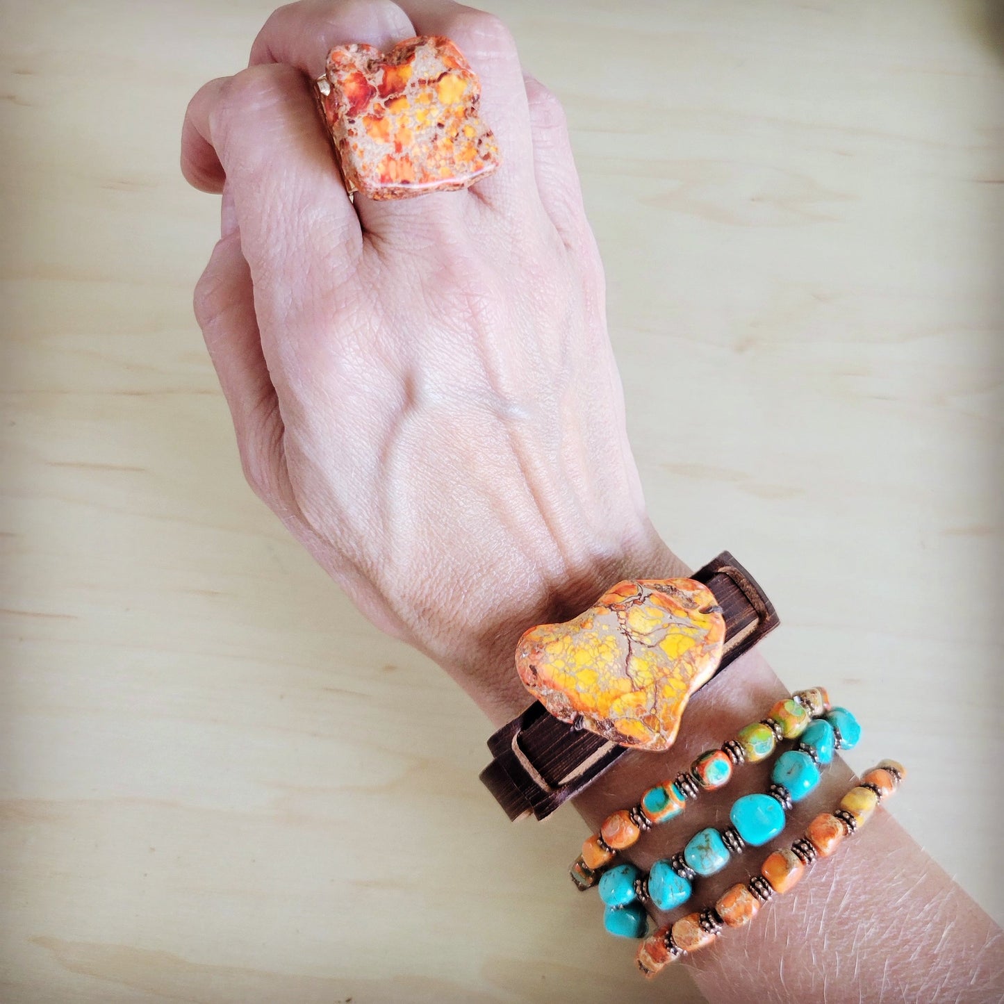 Genuine Regalite and Copper Stretch Beaded Bracelet Sunrise 812j
