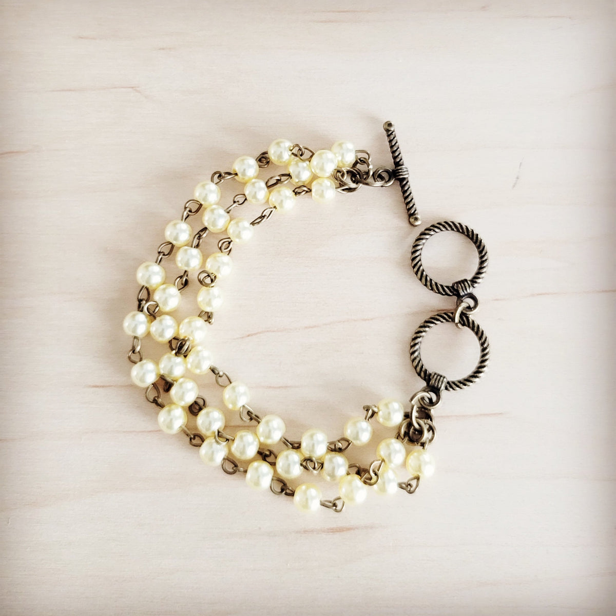 Champagne Pearl Triple Strand Beaded Bracelet 812a