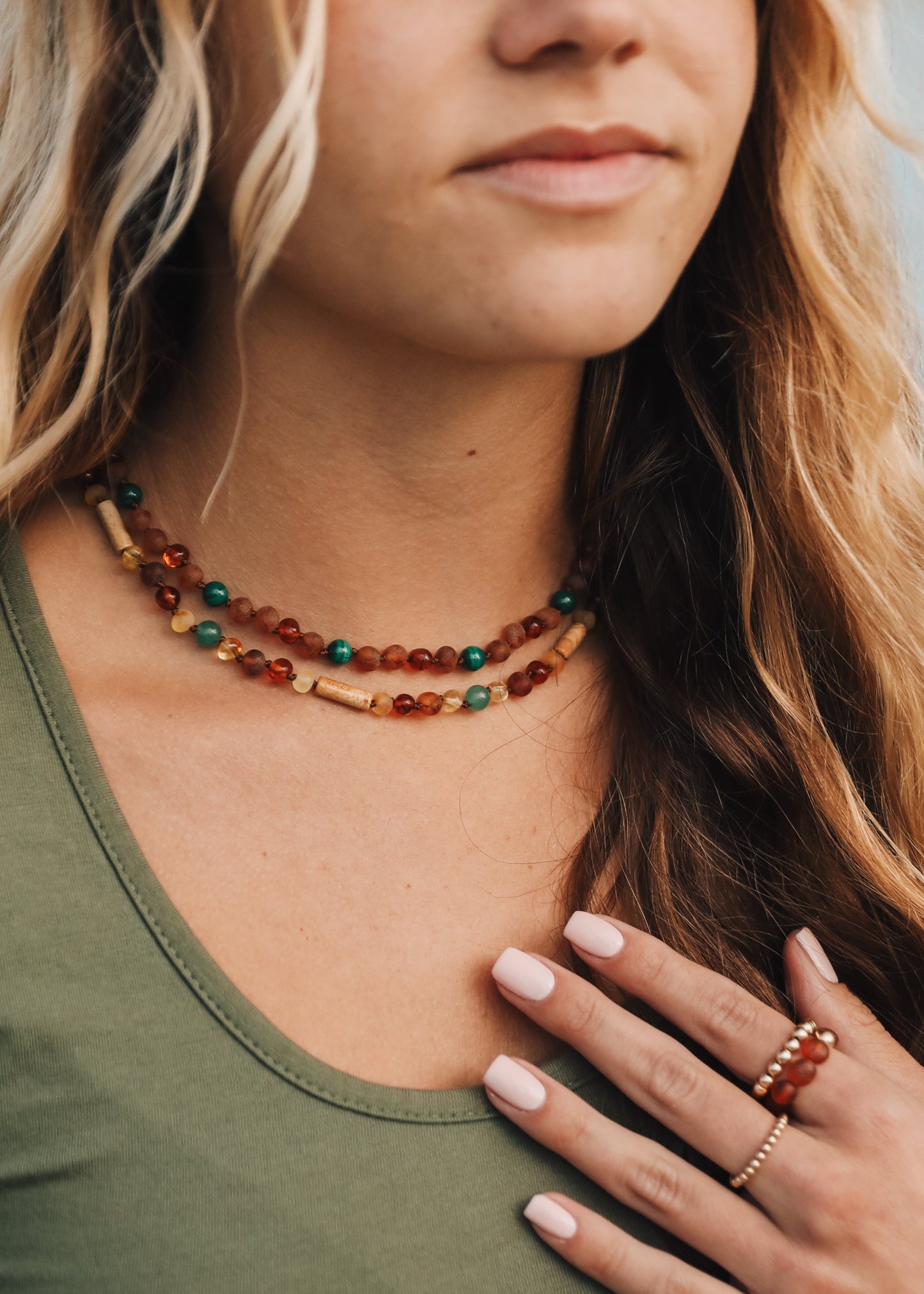 Baltic Sea Amber + Malachite Halo|| Necklace