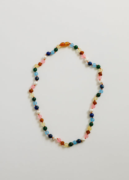 Raw Baltic Amber and Pearl Necklace + Sweet Pink Gemstones