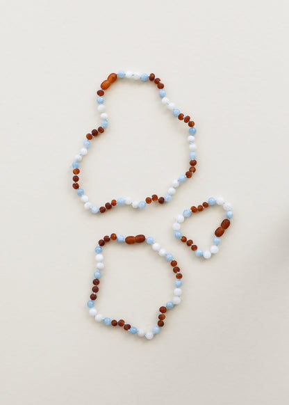 Raw Cognac Baltic Sea Amber + Moonstone + Aquamarine || Gemstone Necklace