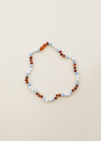 Raw Cognac Baltic Sea Amber + Moonstone + Aquamarine || Gemstone Necklace